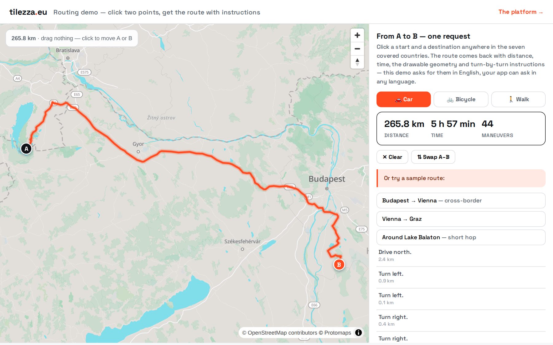 Élő útvonal-demó: 265 km-es útvonal kanyarodási utasításokkal